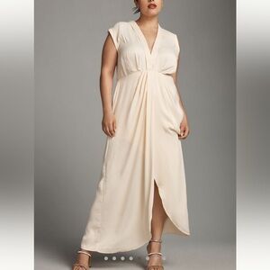 Sleeveless V-Neck Cream Satin Maxi Dress